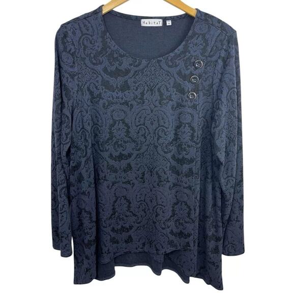 Habitat Tops - HABITAT Top Womens Blue Jacquard Medium Black Print Long Sleeve Asymmetric